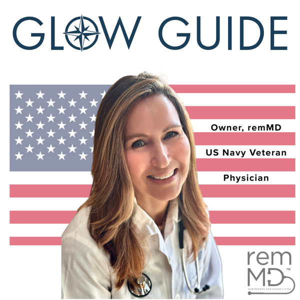 Woman in a white coat with 'remMD' branding against an American flag background, labeled as owner, US Navy Veteran, and physician.