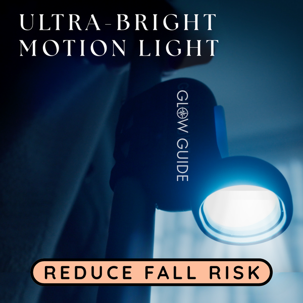 Ultra-bright motion light with text 'Glow Guide' and 'Reduce Fall Risk' on a dark background.