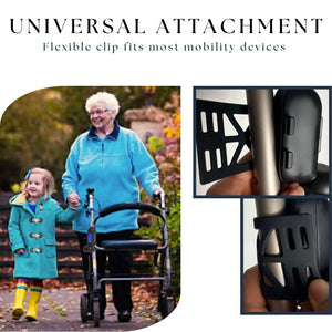 Woman with a walker and child outdoors, with text about a universal attachment for mobility devices.