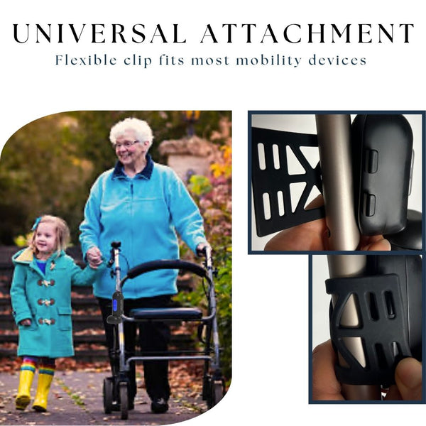 Woman with a walker and child outdoors, with text about a universal attachment for mobility devices.