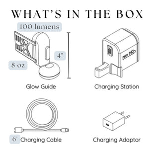 Diagram of items included in a box with labels for glow guide, charging station, charging cable, and charging adapter.