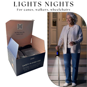 Product packaging for 'Lights Nights' with a woman using a flashlight in a home setting.
