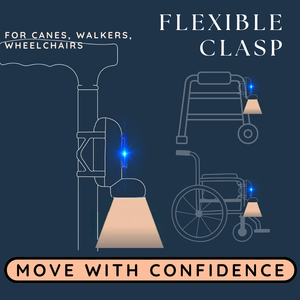 Illustration of a flexible clasp for canes, walkers, and wheelchairs with text on a dark blue background.