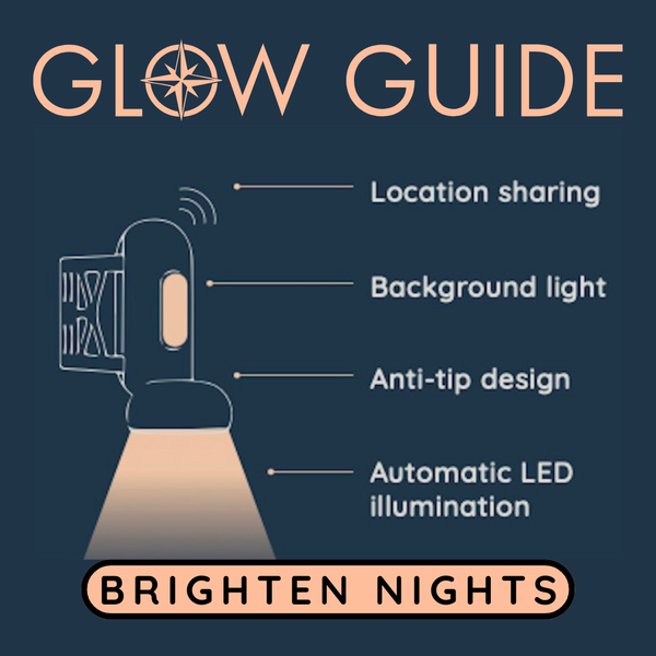 Glow guide with features of a flashlight on a dark blue background
