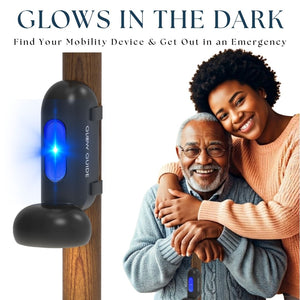 Product with glowing feature next to a couple, with text 'Glow in the Dark' and promotional message.