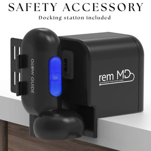 Black safety accessory with blue light and 'rem MD' branding on a white background
